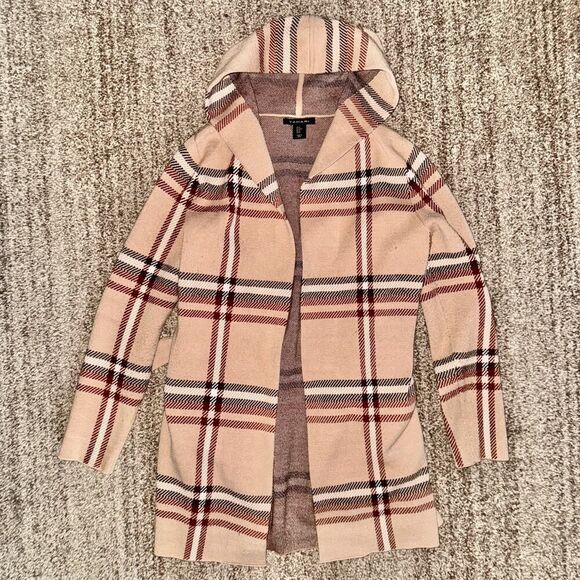 Tahari Women's Open Front Belted Long Fit Brown Plaid Sweater Hoodie Cardigan - Picture 1 of 10